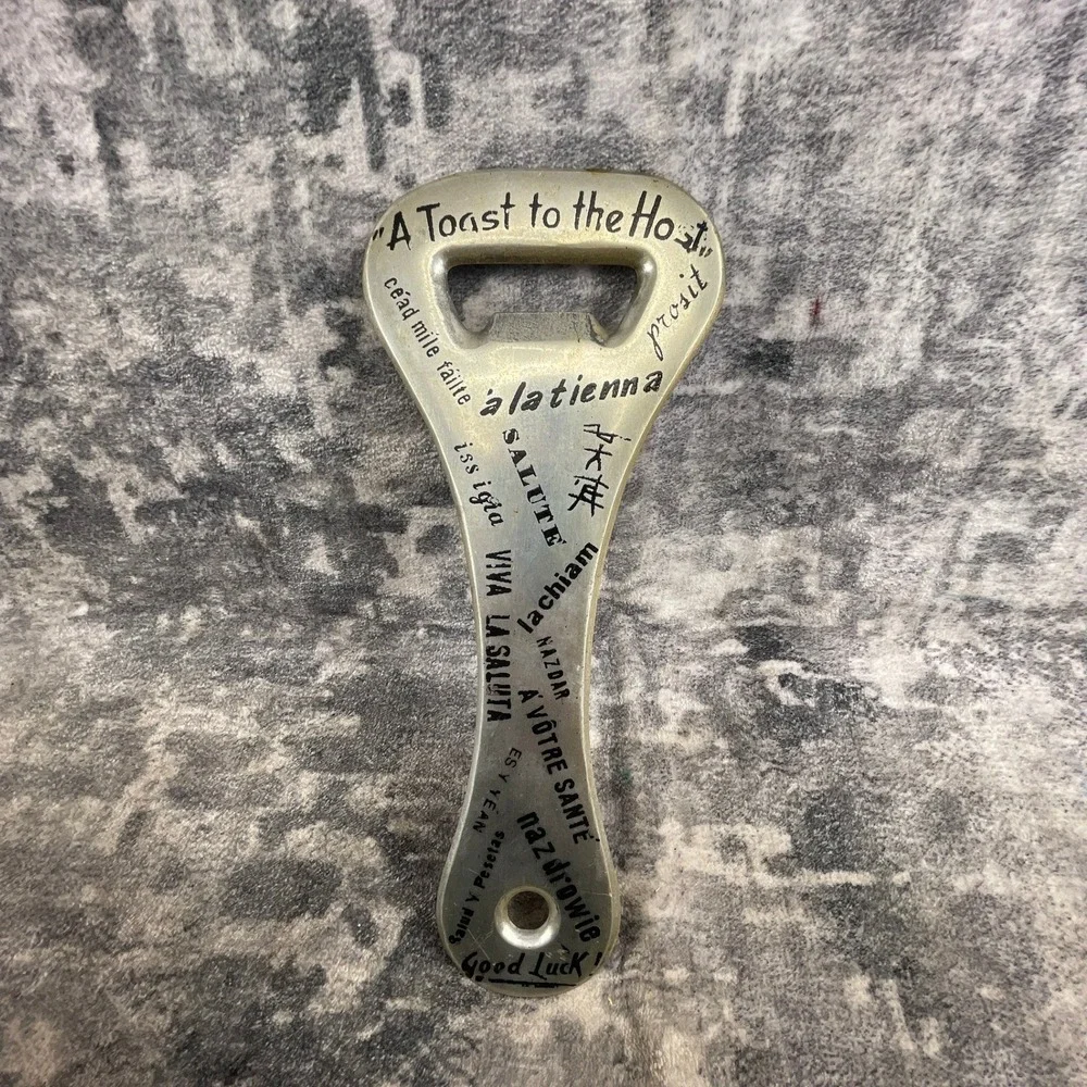 Vtg Italian Aluminum Jumbo Bottle Opener Multilingual Toast‎ Barware Man Cave